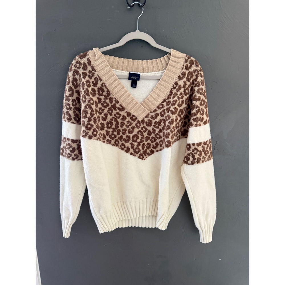 Daytrip Womens Leopard Print V-Neck Sweater Cream Brown Chevron Fall Medium